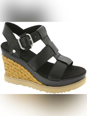NWOB Ugg Abbot Black Wedge Sandals with braided raffia Woven wedge 9